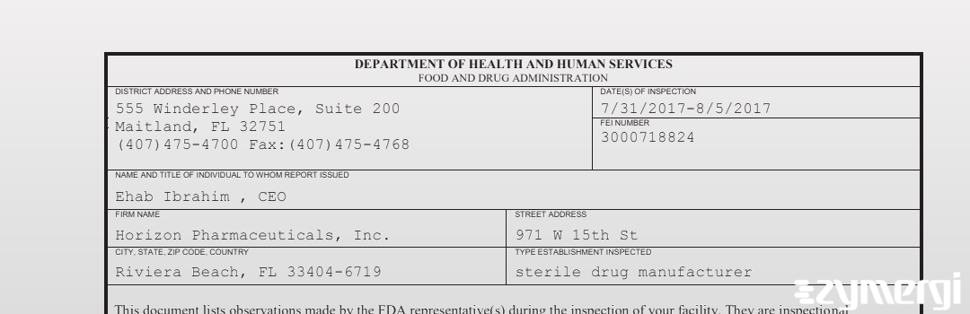 FDANews 483 Horizon Pharmaceuticals, Inc. Aug 5 2017 top