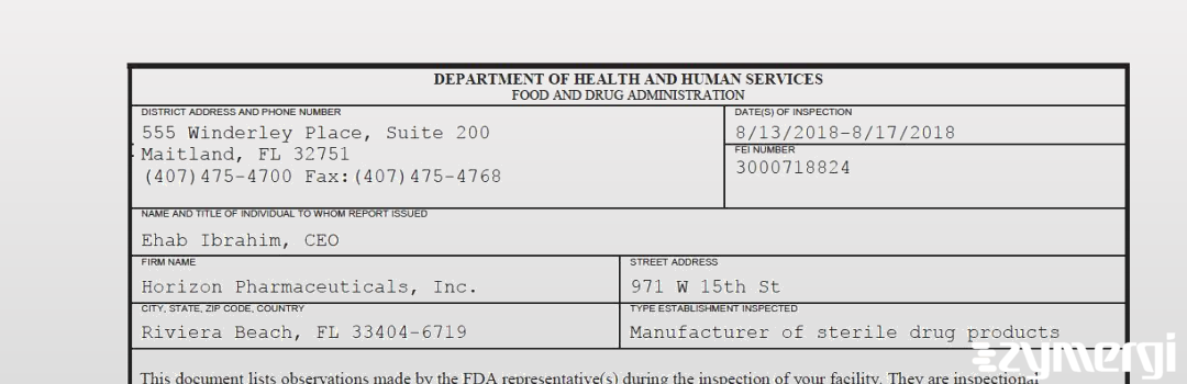 FDANews 483 Horizon Pharmaceuticals, Inc. Aug 17 2018 top