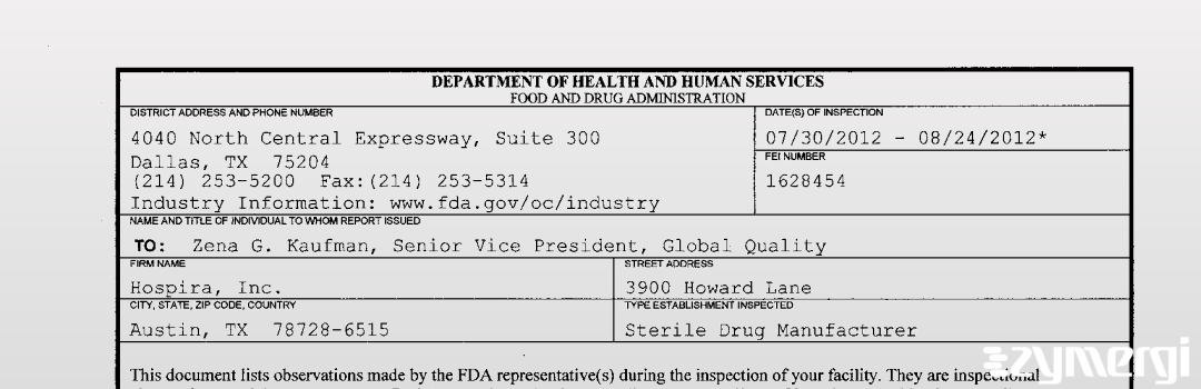 FDANews 483 Hospira, Inc. Aug 24 2012 top