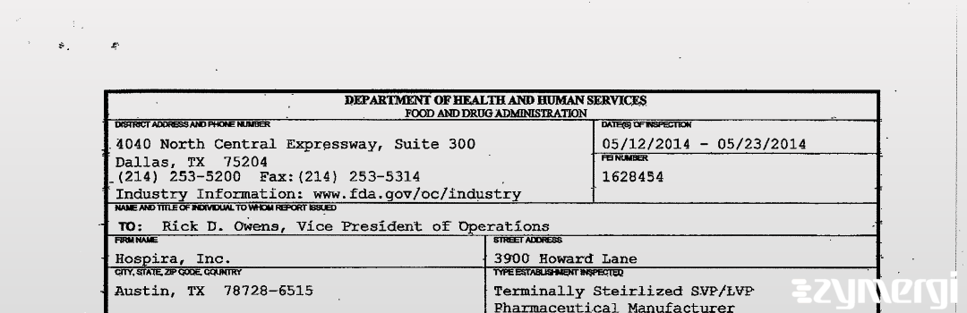 FDANews 483 Hospira, Inc. May 23 2014 top