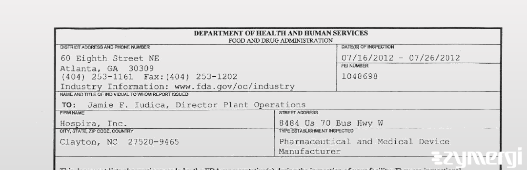 FDANews 483 Hospira, Inc. Jul 26 2012 top