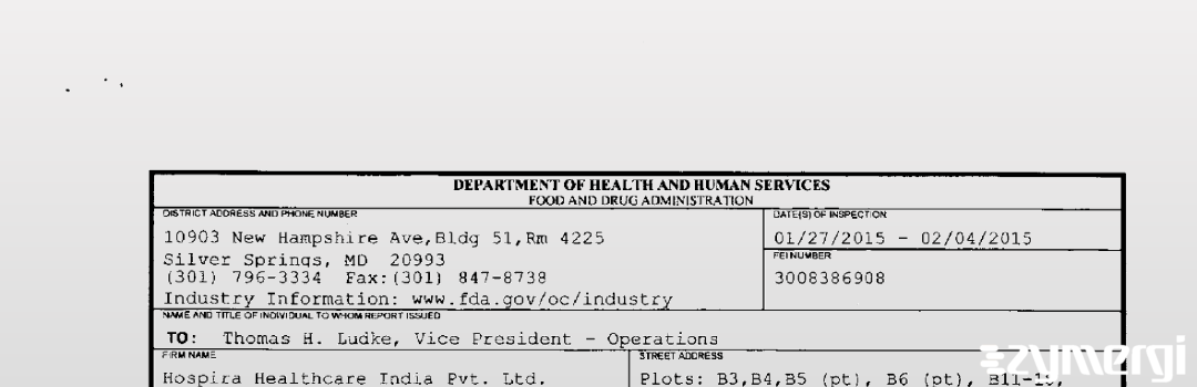 FDANews 483 Hospira Healthcare India Pvt Ltd Feb 4 2015 top