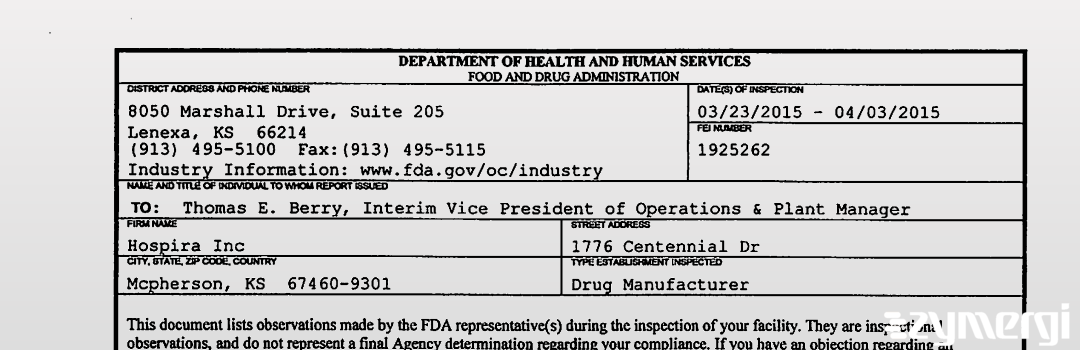 FDANews 483 Hospira, Inc. Apr 3 2015 top