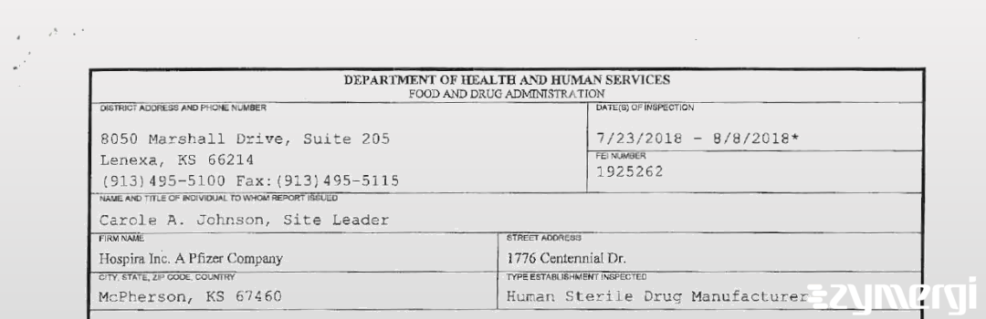 FDANews 483 Hospira, Inc. Aug 8 2018 top