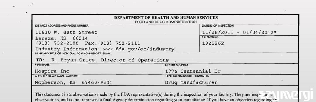 FDANews 483 Hospira, Inc. Jan 4 2012 top