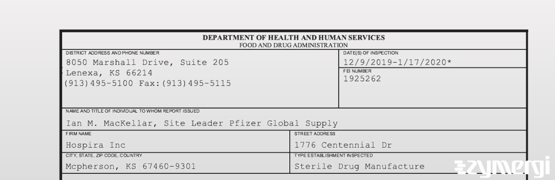 FDANews 483 Hospira, Inc. Jan 17 2020 top