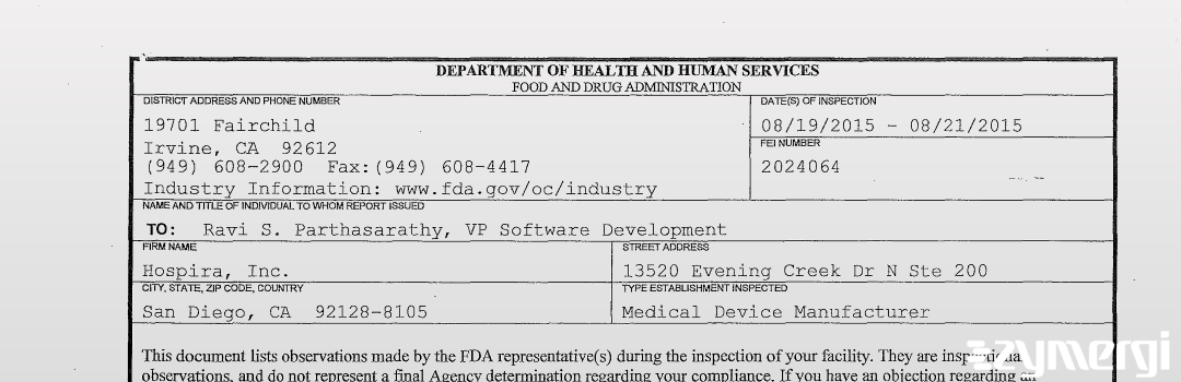 FDANews 483 Hospira, Inc. Aug 21 2015 top