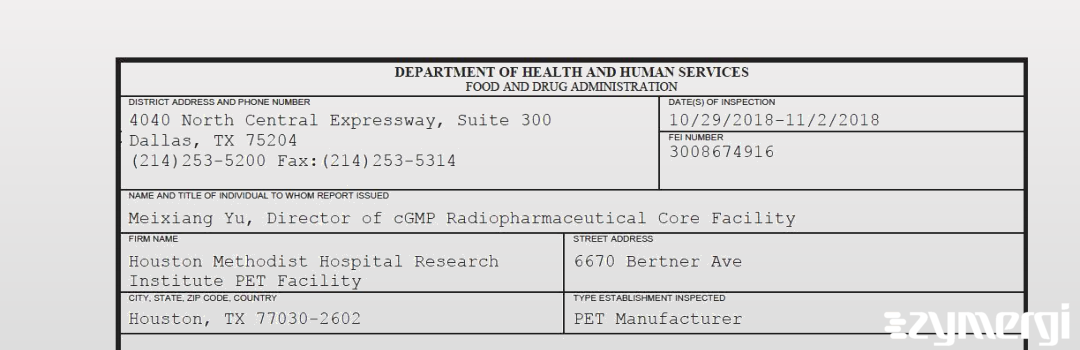 FDANews 483 Houston Methodist Hospital Research Institute PET Facility Nov 2 2018 top