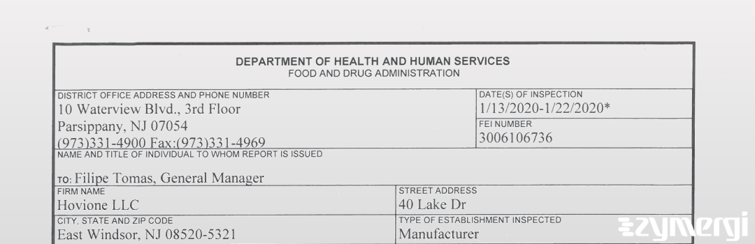 FDANews 483 Hovione LLC Jan 22 2020 top