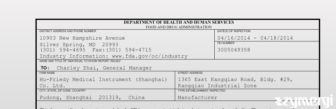 FDAzilla 483 Hu-Friedy Medical Instrument (Shanghai) Co. Ltd. Apr 18 2014 top