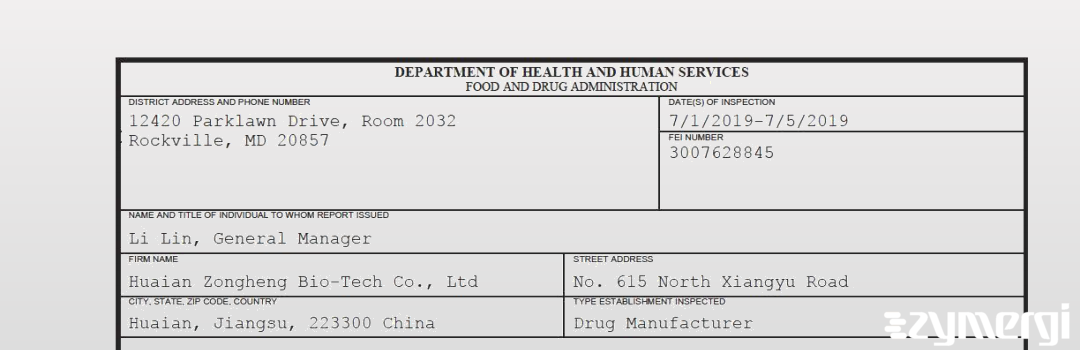 FDANews 483 Huaian Zongheng Bio-Tech Co., Ltd Jul 5 2019 top