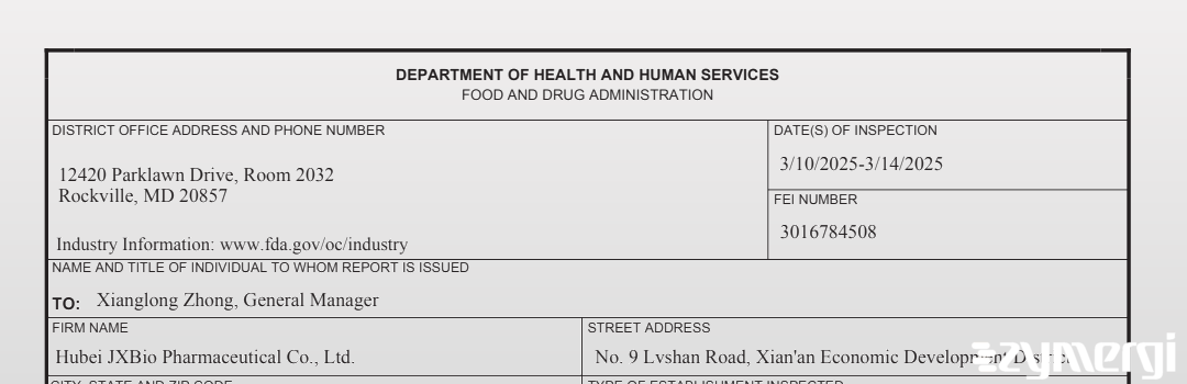 FDANews 483 Hubei JXBio Pharmaceutical Co., Ltd Mar 14 2025 top