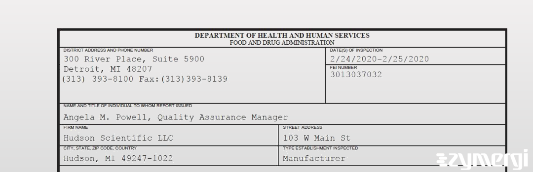 FDANews 483 Hudson Scientific LLC Feb 25 2020 top