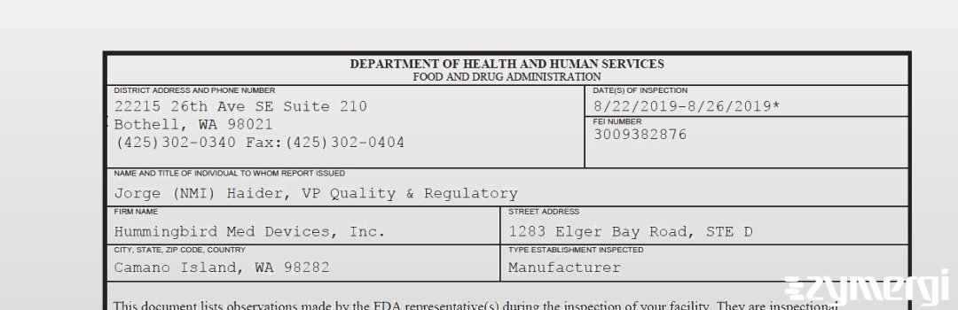 FDANews 483 Hummingbird Med Devices, Inc. Aug 26 2019 top