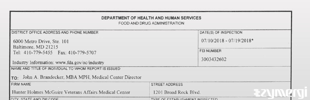 FDANews 483 Hunter Holmes McGuire Veterans Affairs Medical Center Jul 19 2018 top