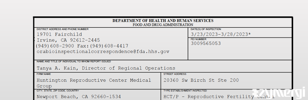 FDANews 483 Huntington Reproductive Center Medical Group Mar 28 2023 top