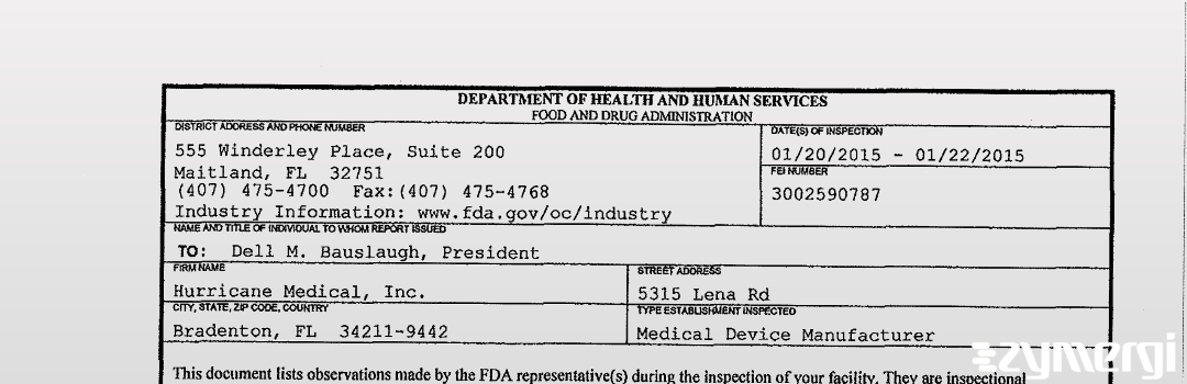 FDANews 483 Hurricane Medical, Inc. Jan 22 2015 top