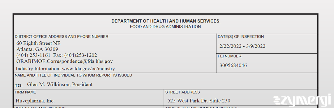 FDANews 483 Huvepharma Inc Mar 9 2022 top