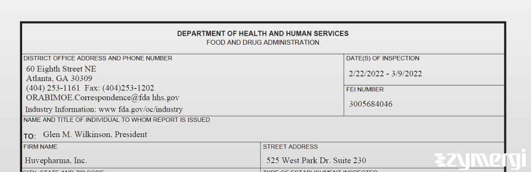 FDANews 483 Huvepharma Inc Mar 9 2022 top