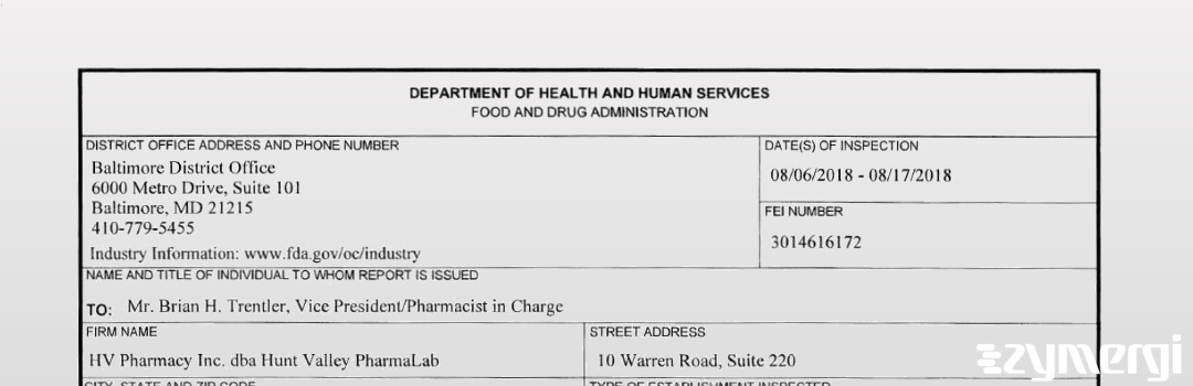 FDANews 483 HV Pharmacy dba Hunt Valley Pharmacy Aug 17 2018 top