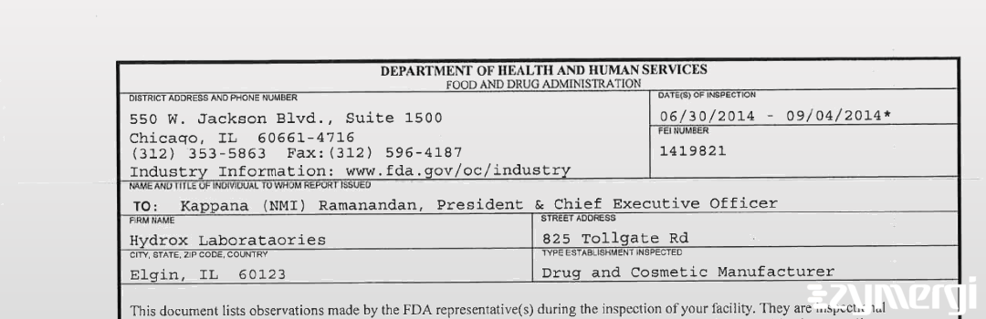 FDANews 483 Hydrox Laborataories Sep 4 2014 top