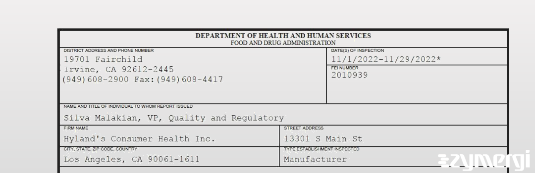 FDANews 483 Hyland's Consumer Health Inc. Nov 29 2022 top