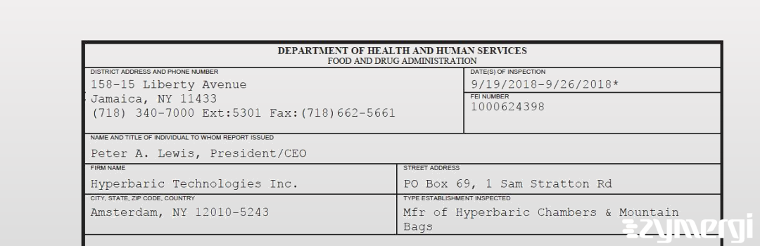 FDANews 483 Hyperbaric Technologies Inc. Sep 26 2018 top