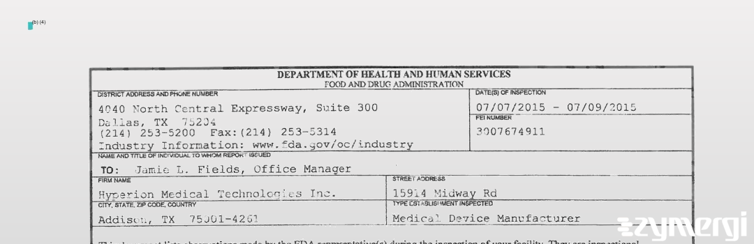 FDANews 483 Hyperion Medical Technologies Inc Jul 9 2015 top