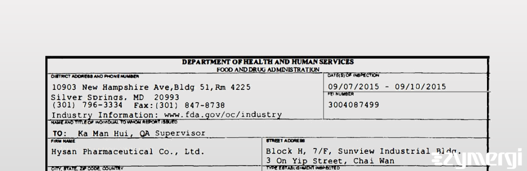 FDANews 483 Hysan Pharmaceutical Co., Ltd. Sep 10 2015 top