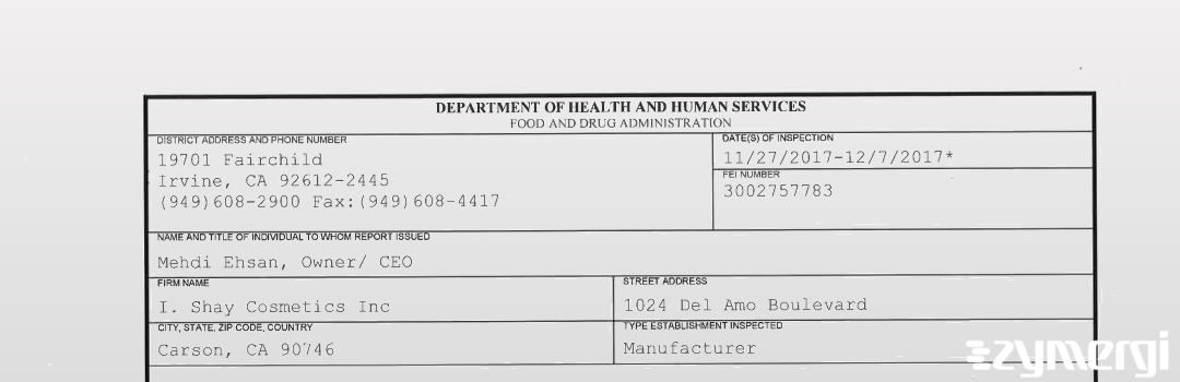 FDANews 483 I. Shay Cosmetics Inc Dec 7 2017 top