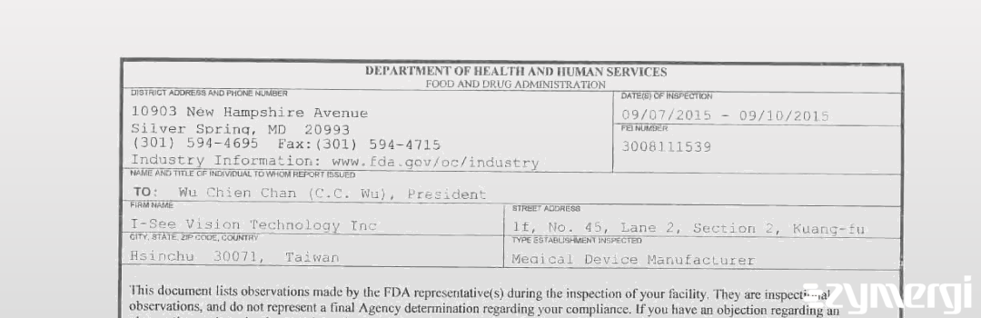 FDANews 483 I-see Vision Technology Inc Sep 10 2015 top