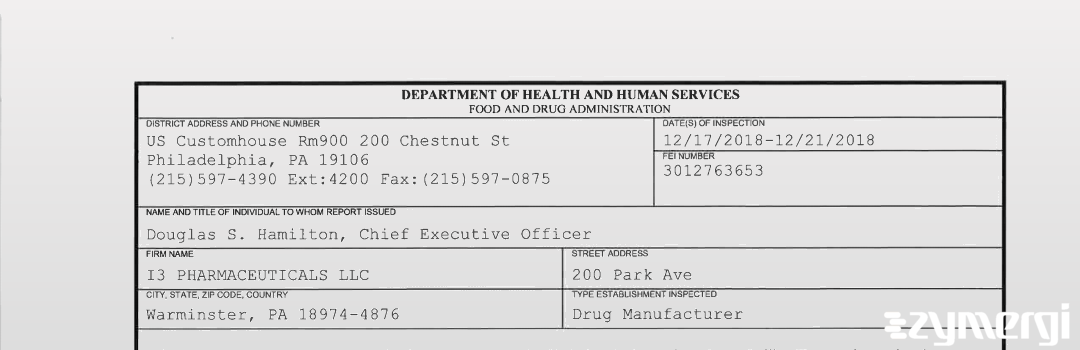 FDANews 483 I3 PHARMACEUTICALS LLC Dec 21 2018 top