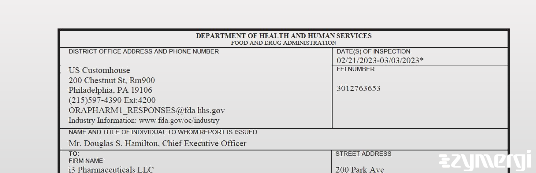 FDANews 483 I3 PHARMACEUTICALS LLC Mar 3 2023 top