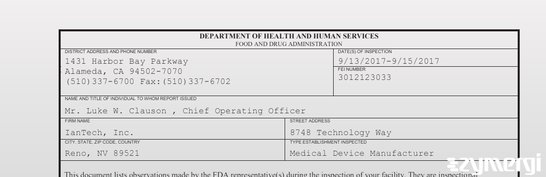 FDANews 483 IanTech, Inc. Sep 15 2017 top