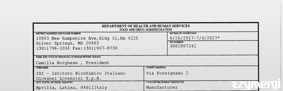 FDANews 483 IBI - Istituto Biochimico Italiano Giovanni Lorenzini S.p.A. Jul 4 2017 top
