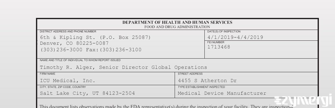 FDANews 483 ICU Medical Inc Apr 4 2019 top