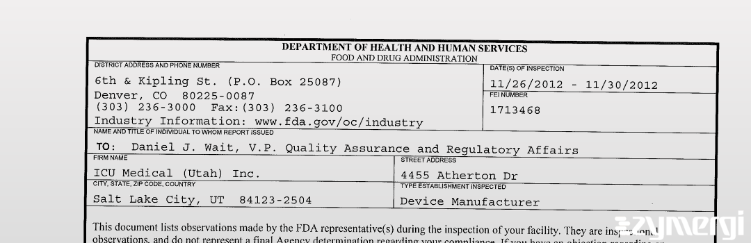 FDANews 483 ICU Medical (Utah) Inc. Nov 30 2012 top