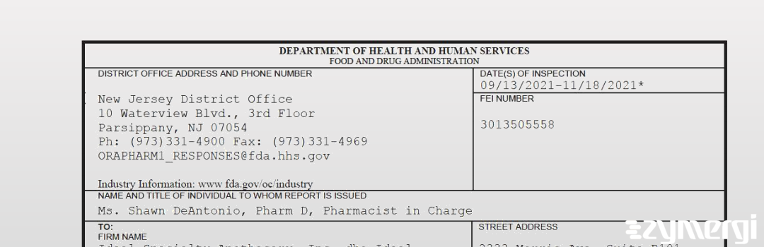 FDANews 483 Ideal Specialty Apothecary, Inc. dba Ideal Pharmacy Nov 18 2021 top