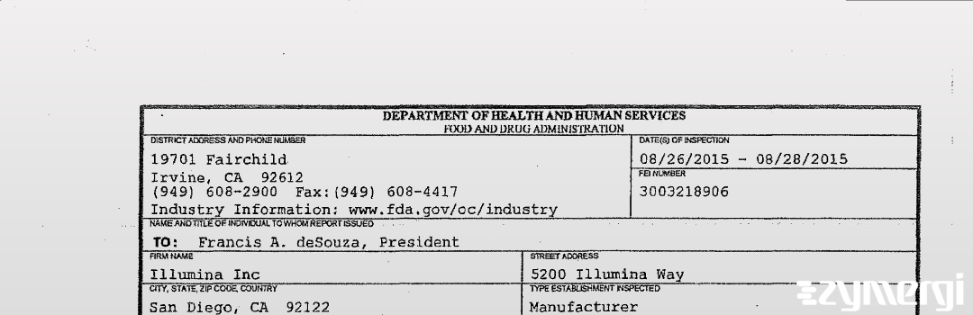 FDANews 483 Illumina, Inc. Aug 28 2015 top