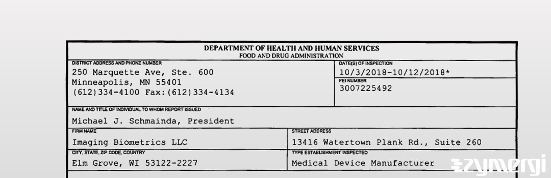 FDANews 483 Imaging Biometrics LLC Oct 12 2018 top