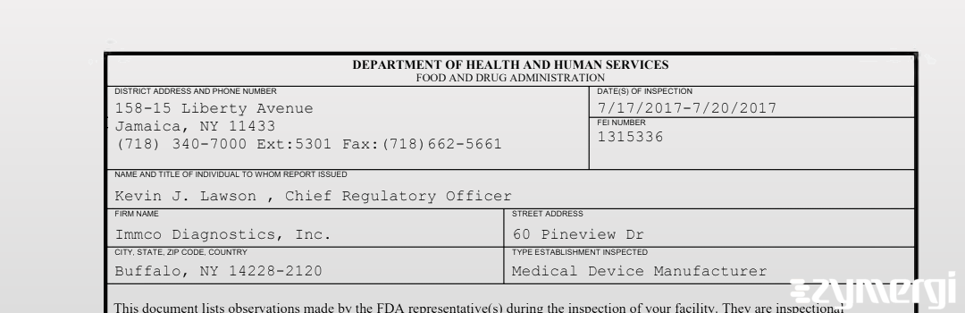 FDANews 483 Immco Diagnostics, Inc. Jul 20 2017 top