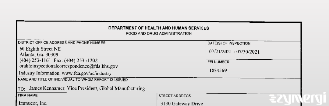 FDANews 483 Immucor, Inc. Jul 30 2021 top