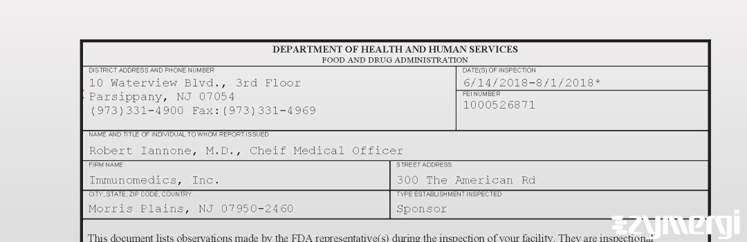 FDANews 483 Immunomedics, Inc. Aug 1 2018 top