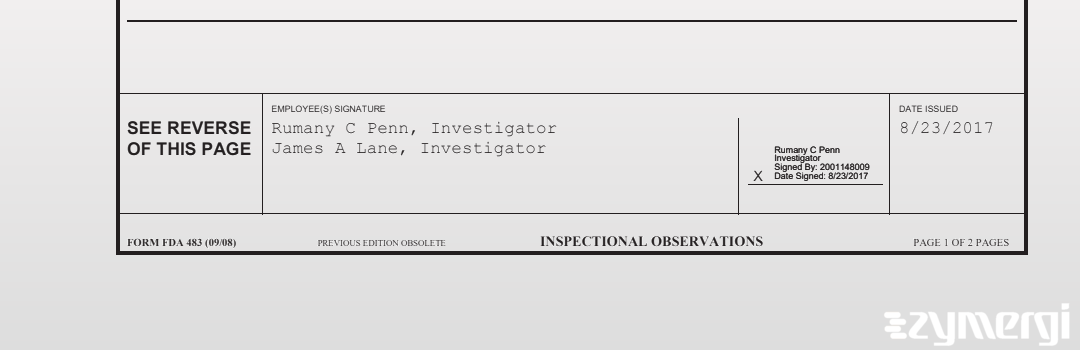 Rumany C. Penn FDA Investigator James A. Lane FDA Investigator 