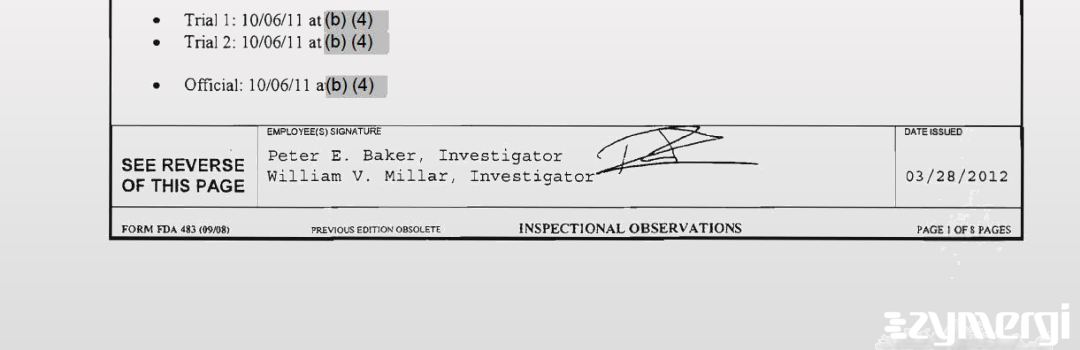 Peter E. Baker FDA Investigator William V. Millar FDA Investigator 