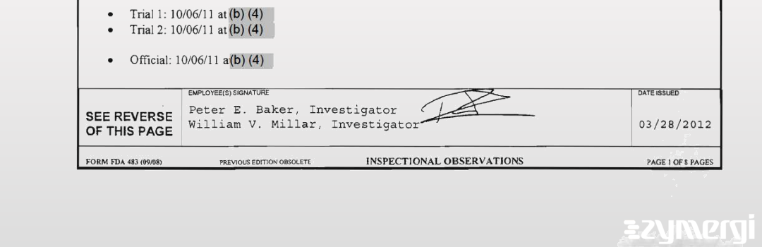Peter E. Baker FDA Investigator William V. Millar FDA Investigator