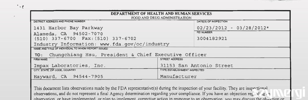 FDANews 483 Impax Laboratories, Inc. Mar 28 2012 top