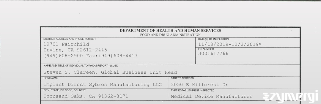 FDANews 483 Implant Direct Sybron Manufacturing LLC Dec 2 2019 top