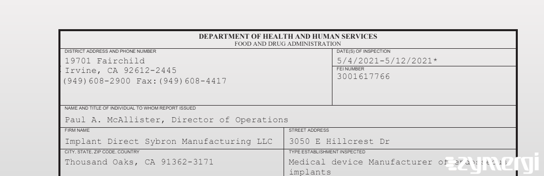 FDANews 483 Implant Direct Sybron Manufacturing LLC May 12 2021 top