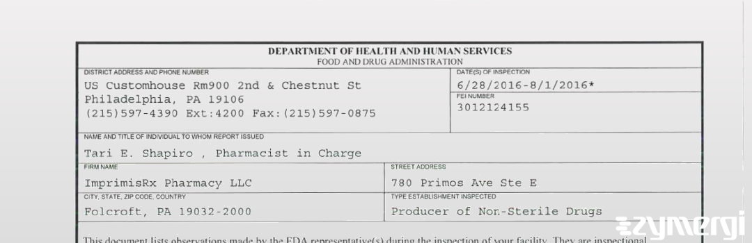 FDANews 483 ImprimisRx Pharmacy LLC Aug 1 2016 top